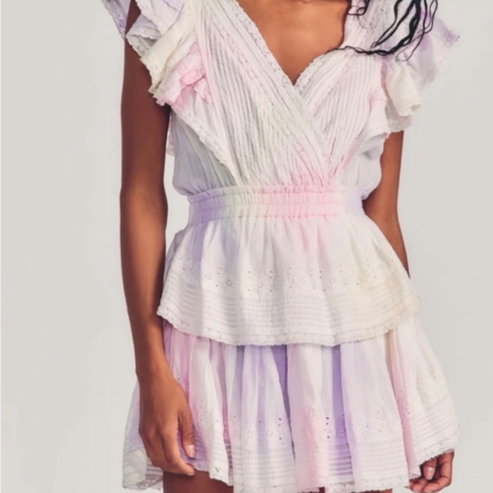 LoveShackFancy Pastel Pink & Lavender Ruffle Tie-Dye Mini Dress